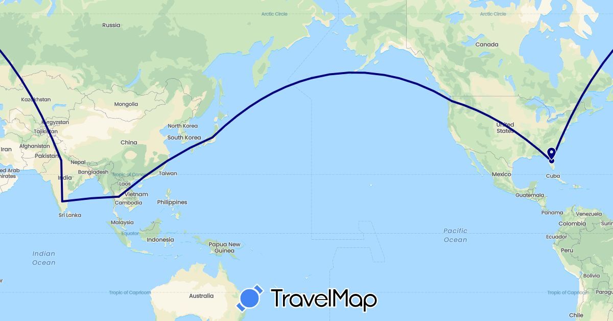 TravelMap itinerary: driving in India, Japan, Thailand, United States (Asia, North America)